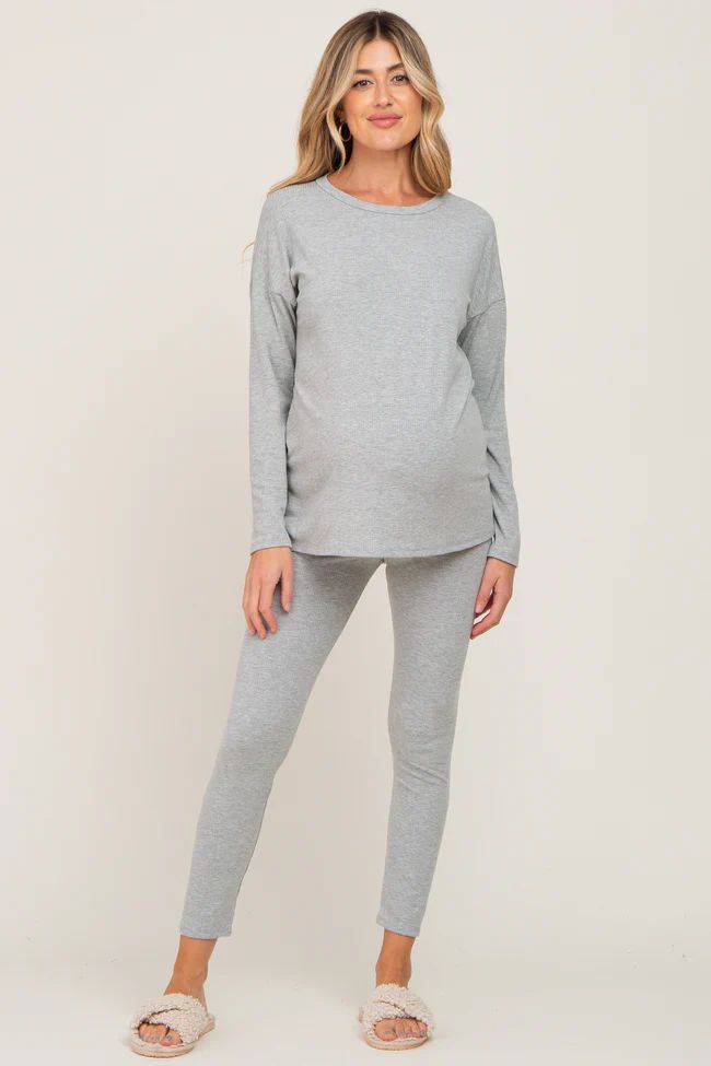 Grey Ribbed Long Sleeve Maternity Pajama Pants Set | PinkBlush Maternity