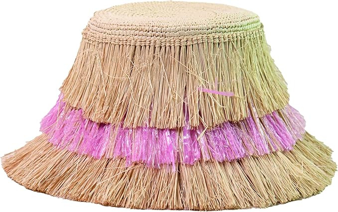 Amazon.com: Sensi Studio, Two Tone Frayed Lamp Shade Crochet Hat, S, Natural Straw-Rose Raffia : ... | Amazon (US)