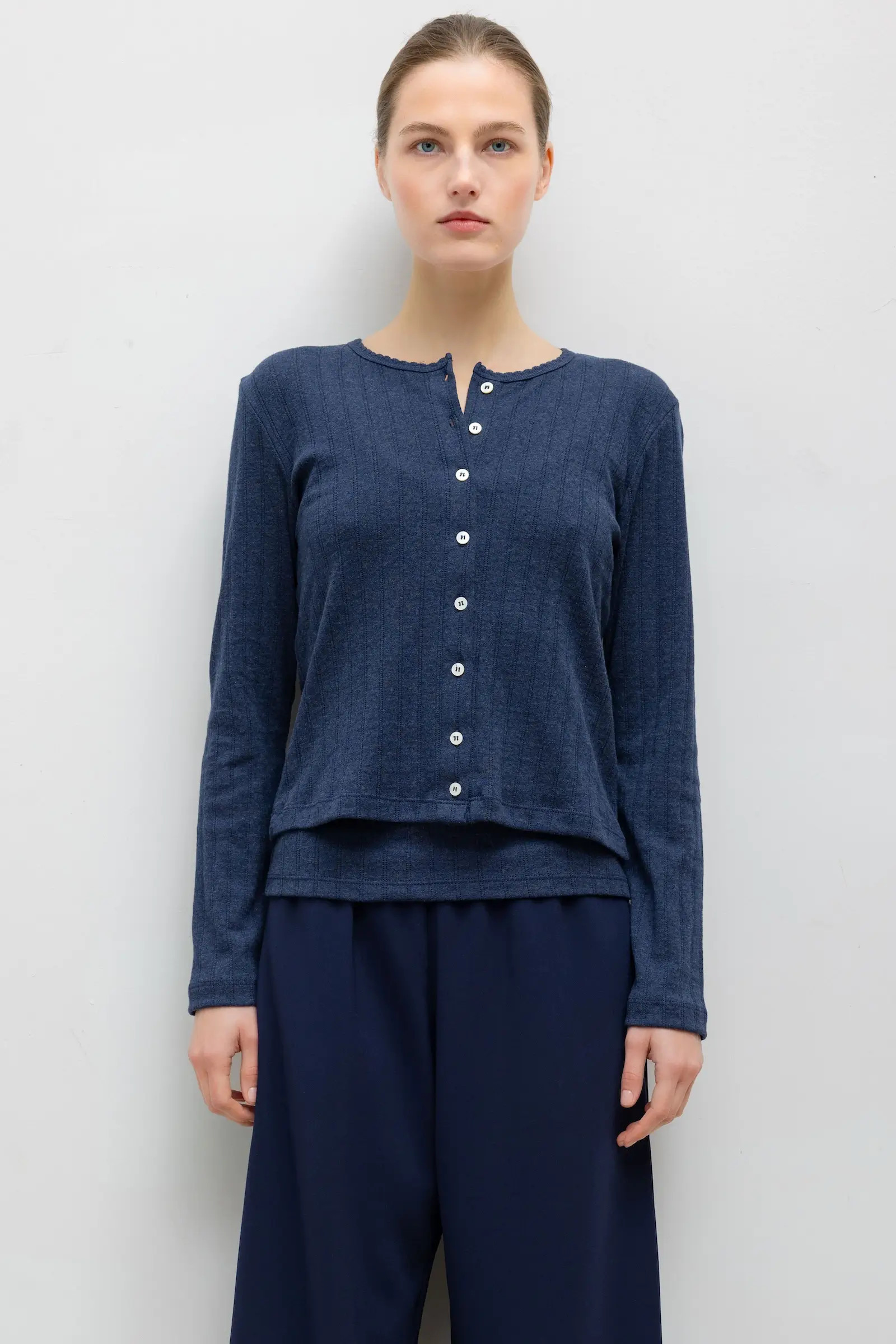 LESET Pointelle Classic Cardigan II in Midnight Melange in Cotton | LESET