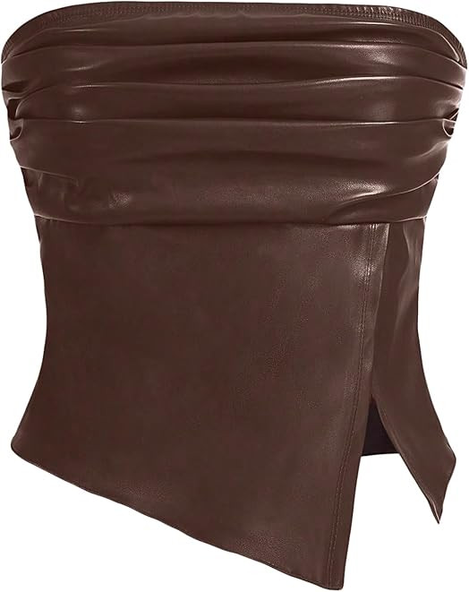 Milumia Women's Ruched Pu Leather Tube Top Strapless Split Hem Bandeaus Partywear | Amazon (US)