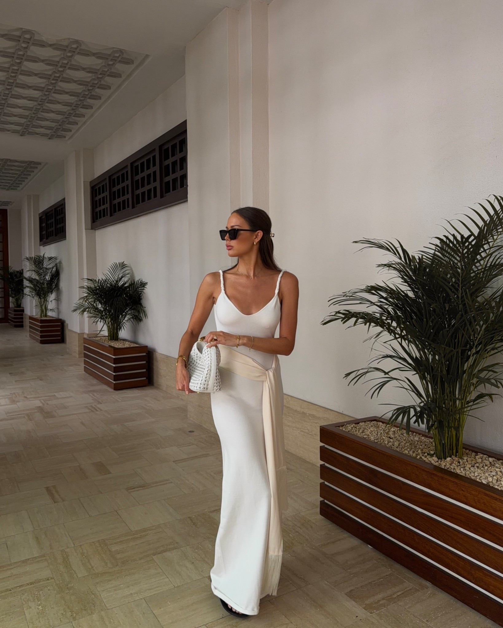 Neutral spring lunch look 🤍 
Dress is Peppermayo 

White maxi dress, satin fringe scarf, neutral outfit, dubai style, spring style, vacation, resortwear, knitted dress

#LTKspring #LTKstyletip #LTKdresses