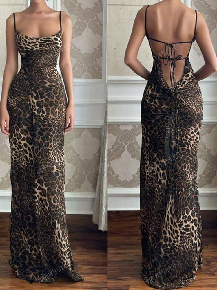 Women Leopard Print Backless Tie Long Dress, Casual Holiday | SHEIN