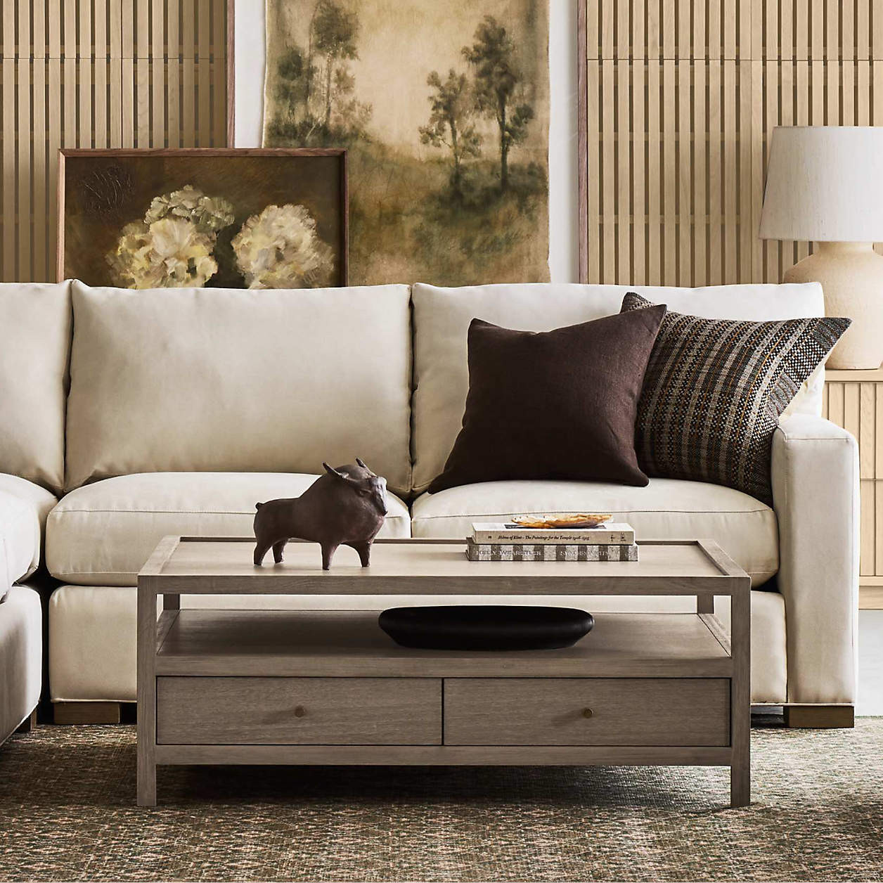 Keane Weathered Natural Wood 45" Square Storage Coffee Table + Reviews | Crate & Barrel | Crate & Barrel