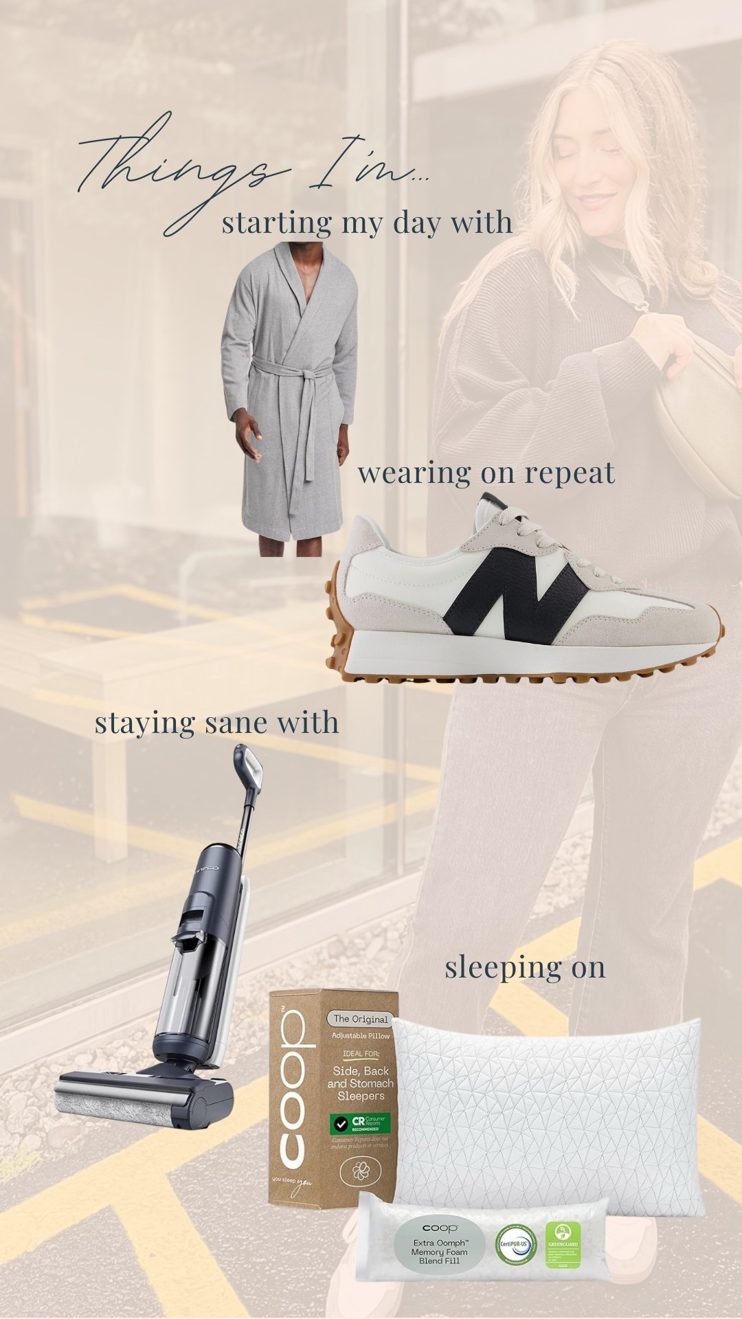 An actual capsule of my life in this season! This robe is so simple and so perfect, the tennis shoes are just elevated enough to make me feel pulled together. The vacuum mop because, baby. And the pillow because we all deserve good sleep!!!