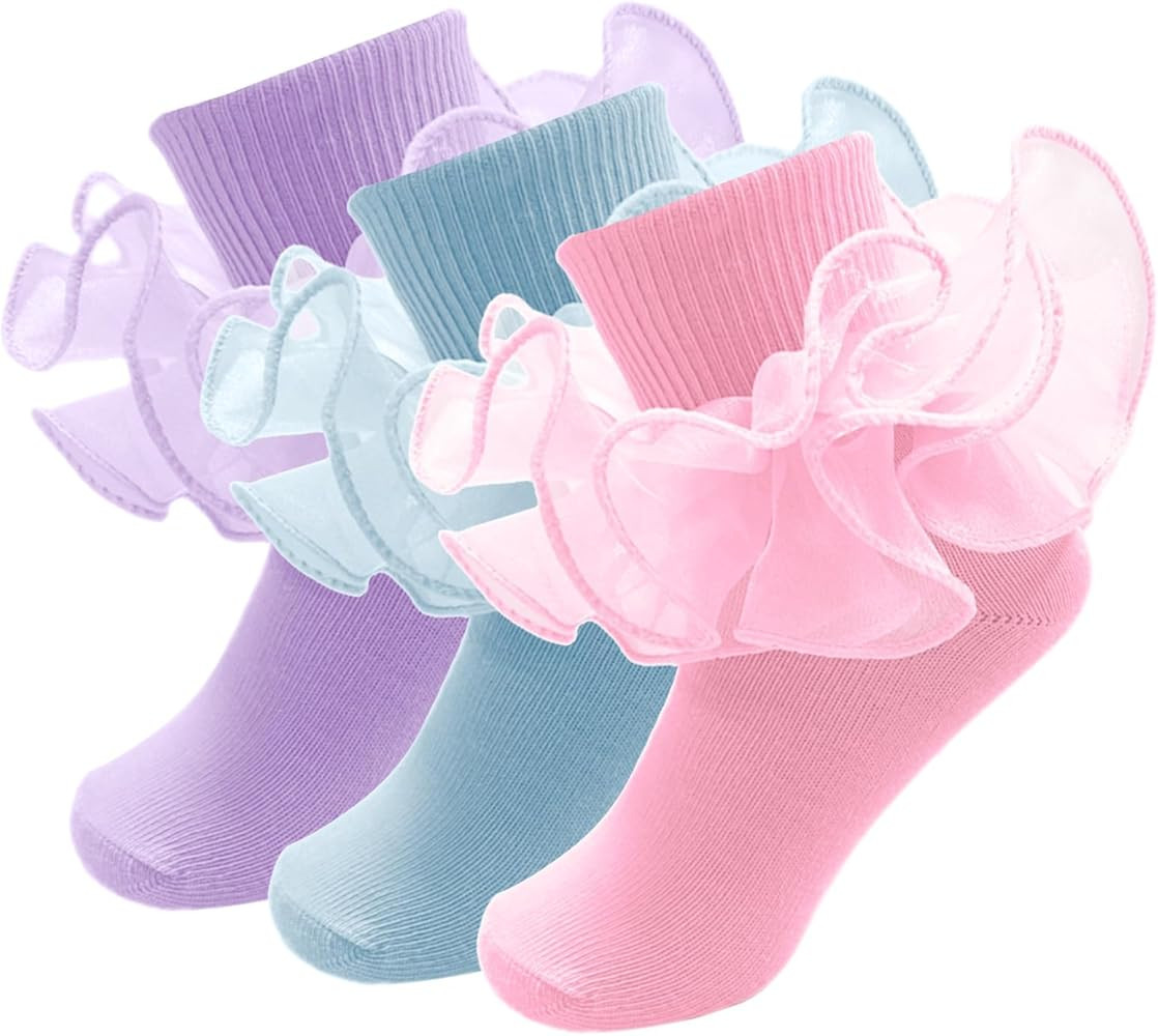 Girls Ruffle Socks Toddler Girl Frilly Dress Socks Double Lace Big Ruffles Fold Over Church Fancy... | Amazon (US)