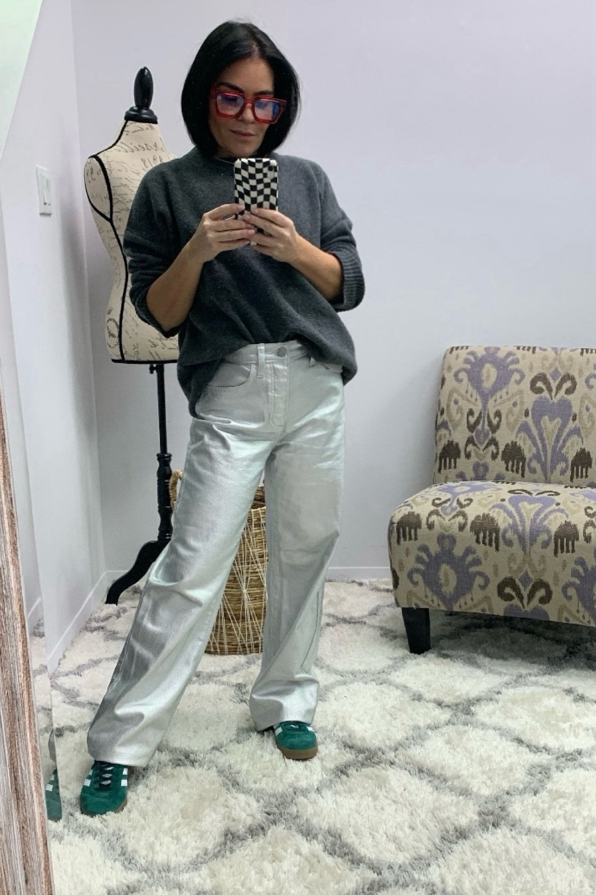 Gray sweater, metallic jeans, colored gazelles, blue light glasses 

#LTKstyletip #LTKfindsunder50 #LTKGiftGuide