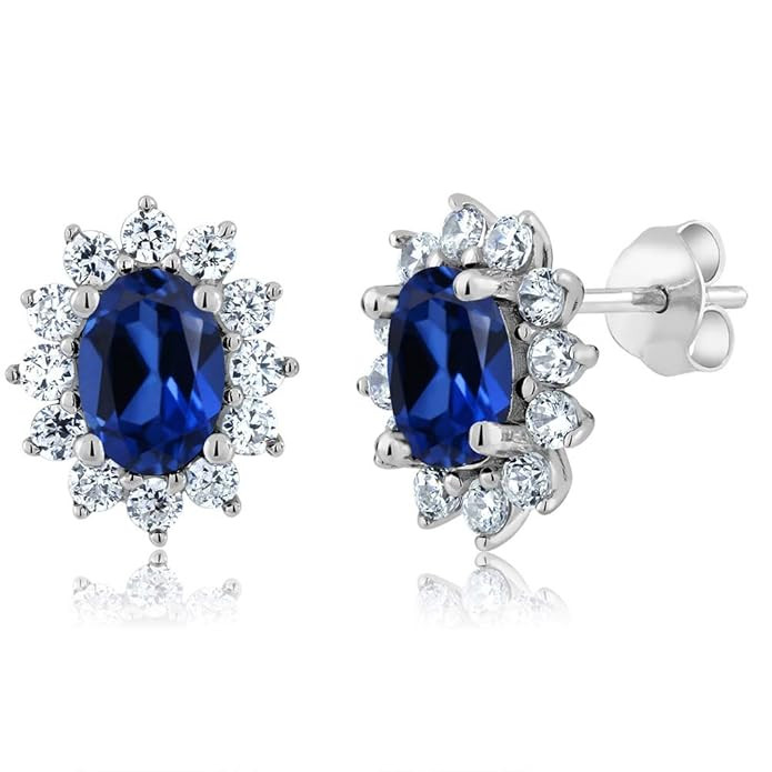 Gem Stone King 3.00 Ct 7x5mm Oval Blue Created Sapphire 925 Sterling Silver Stud Halo Princess Di... | Amazon (US)