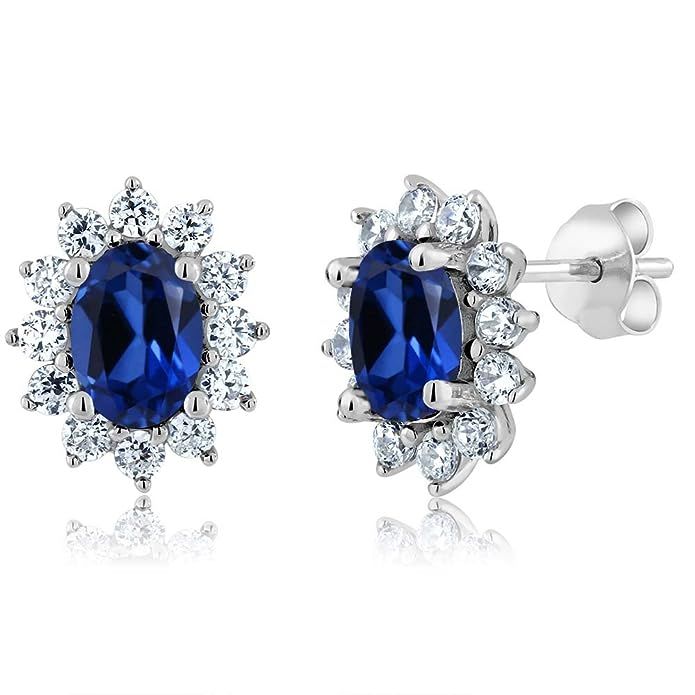 Gem Stone King 3.00 Ct 7x5mm Oval Blue Created Sapphire 925 Sterling Silver Stud Halo Princess Di... | Amazon (US)