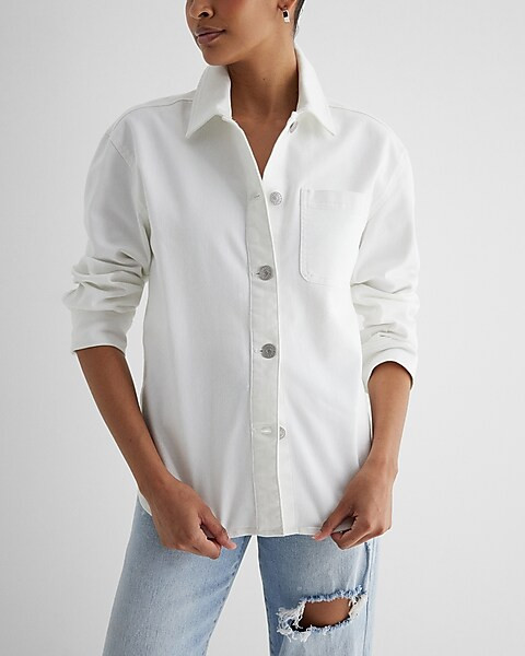 Front Pocket White Denim Shacket | Express