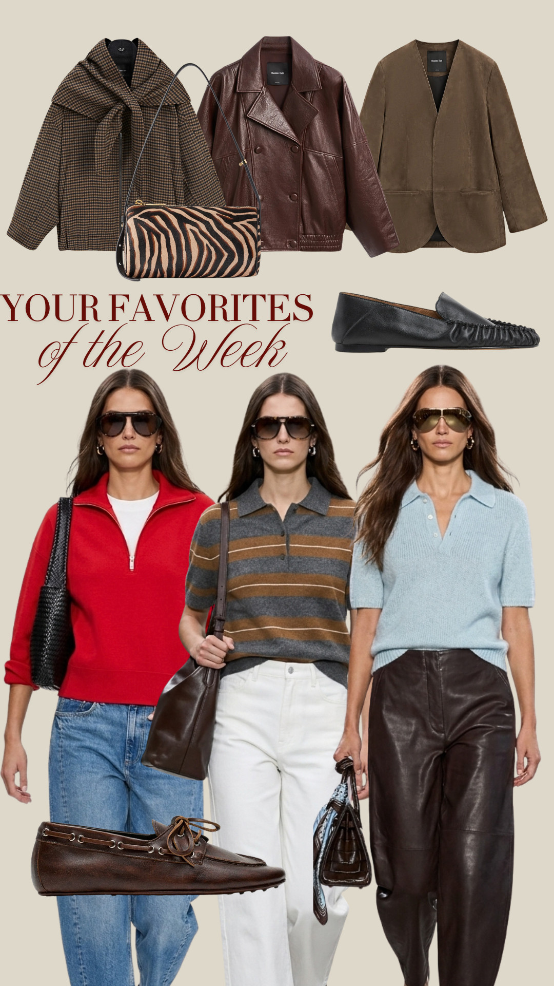 BESTSELLERS OF THE WEEK ✨ Your most loved pieces of the week ✨ TAGS: checked scarf jacket, brown leather bomber jacket, suede blazer, red half-zip jumper, striped polo knit, powder blue alpaca knit top, white jeans, leather trousers, zebra print bag, black loafers, brown moccasins 

 #LTKootd #LTKSeasonal #LTKOver40