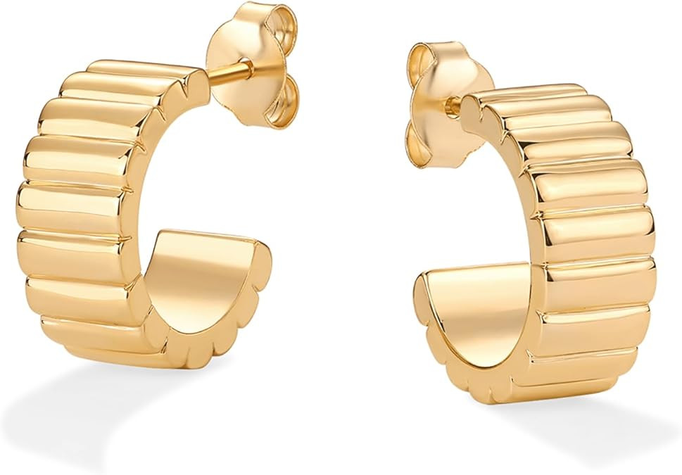 PAVOI 14K Gold Plated Chunky Lightweight Hoop Huggie Earrings for Women | Chic Boho Ribbed Croiss... | Amazon (US)