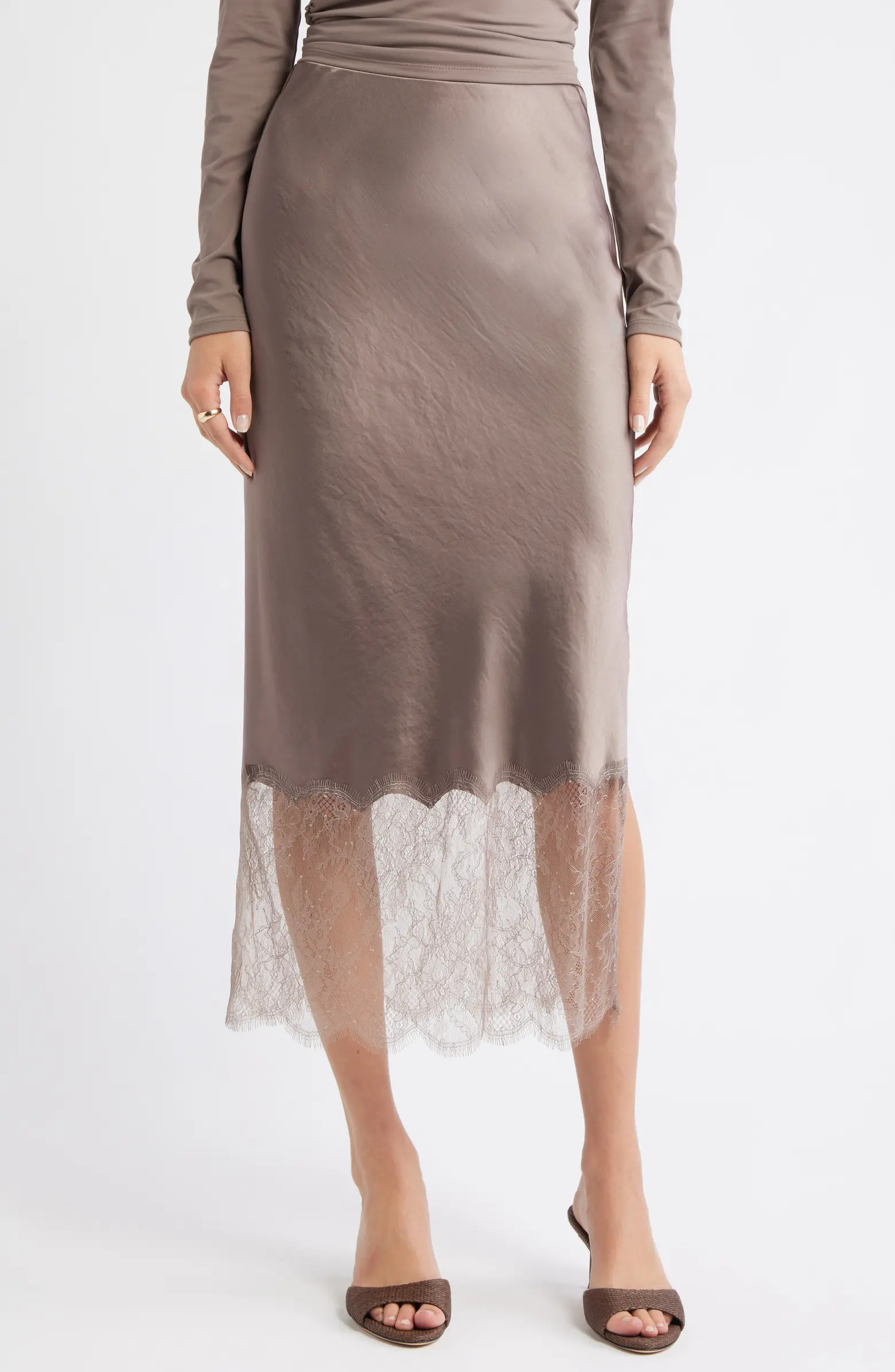 Lace Trim Satin Midi Skirt | Nordstrom