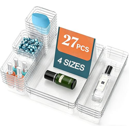 27 Pack Clear Plastic Drawer Organizer Set - 4 Sizes Makeup Vanity Organizer Chest of Drawers Storage Stackable Organizers Bins Divider Box for kitchens, Bedrooms, Bathrooms, Offices, Junk, Gadgets | Amazon (US)