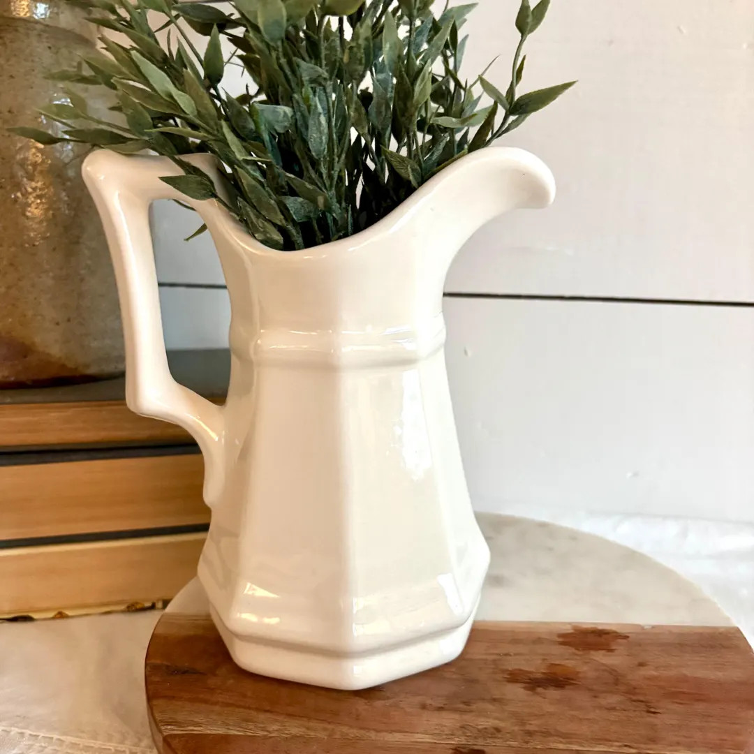 Vintage White Ironstone Pitcher | Large Ceramic Farmhouse Water Jug | Floral Vase | Etsy (US)
