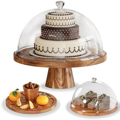 Acacia Wood Cake Stand with Lid - 12in Cake Plate, 2-in-1 Dessert Table Display Set & Charcuterie Board for Cheese, Chips & Dips, Nachos, Fruit Bowl, Cake Holder with Large Acrylic Cake Dome Cover | Amazon (US)