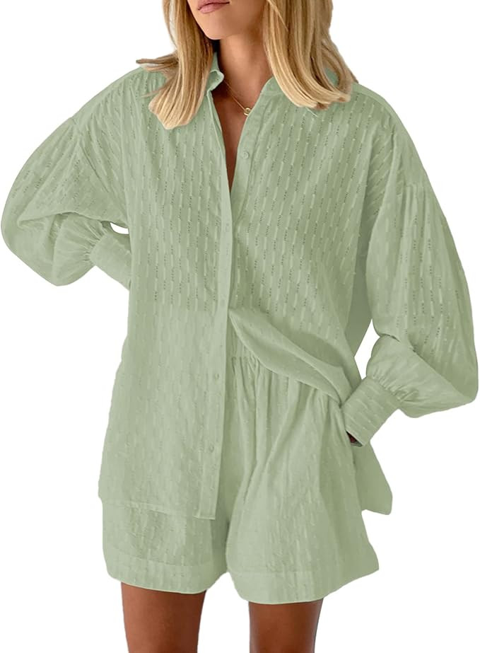 Fixmatti 2 Piece Outfits Long Sleeve Button Down Shirt and Shorts Sweatsuit Lounge Sets | Amazon (US)