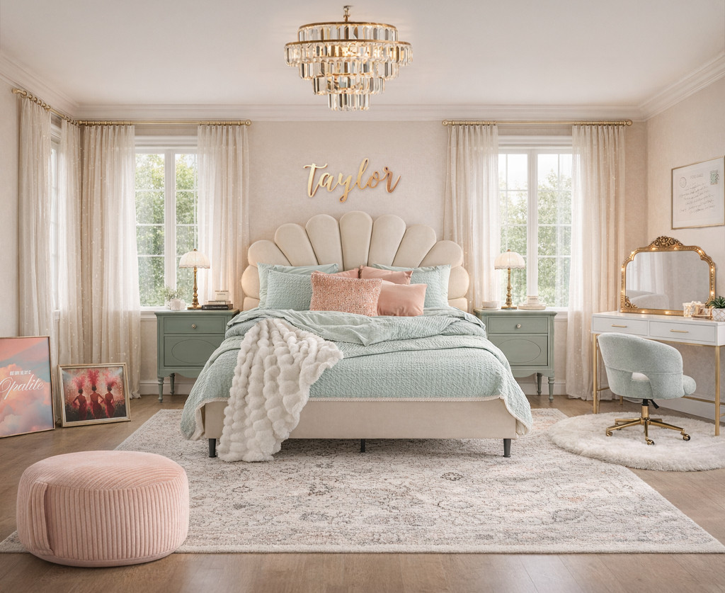 But now the sky is opalite ✨ a glamorous Showgirl-inspired bedroom or dorm room for the ultimate Taylor Swift fan in your life! Sequins, plush teal and blush pink bedding, chandeliers, vanity mirrors, gold acrylic personalized name wall decor, Opalite skies wall art and vintage showgirls of course. Life of a showgirl, opalite, eldest daughter, swiftie (created with AI based on real-life products) 

 #LTKGiftGuide #LTKHome #LTKKids