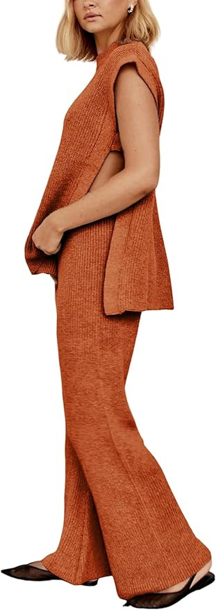 Lviefent Womens 2 Piece Outfits Sweater Set Sleeveless Side Slit Pullover Top Knit Wide Leg Pants... | Amazon (US)