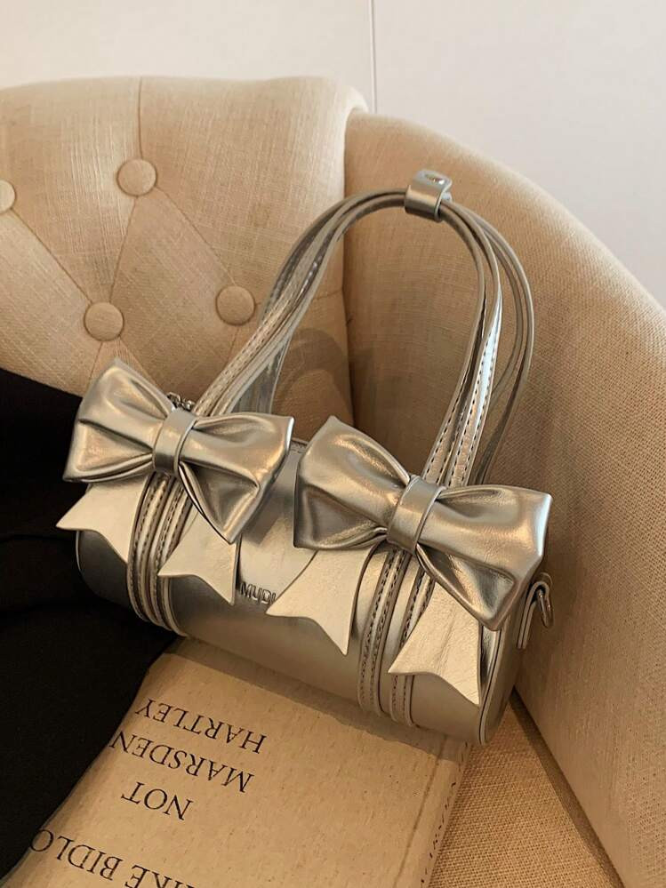 Fashionable PU Solid Color Mini Handheld Round Cylinder Bag With Bowknot Decoration | SHEIN
