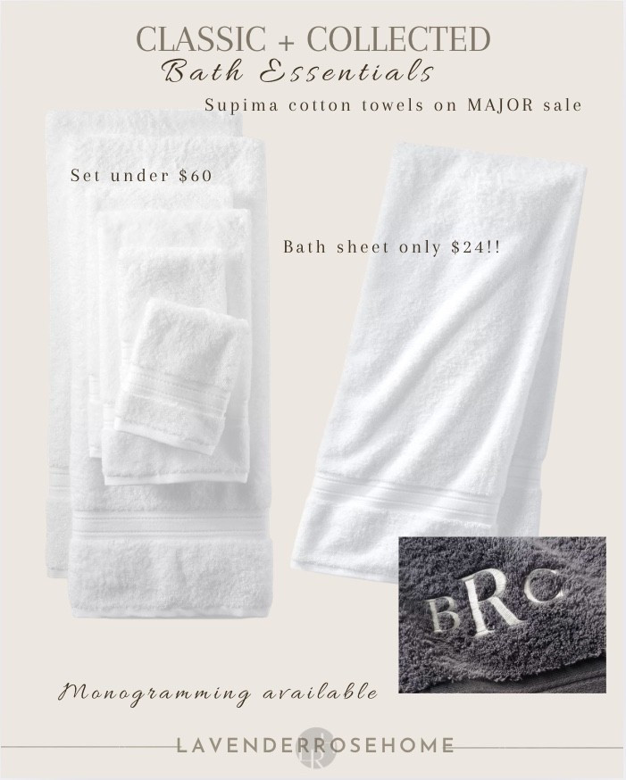 Highly rated supima cotton towels feel like a luxury hotel… without the luxury price. 🤍
you can even monogram them.
Under $60 for the set + bath sheets for $24 - such a good deal.

Bath Essentials. Bath Towels. Guest Bathroom. Sale Alert. Classic Bath Essentials. . Monogrammed. Personalized. House Warming Gift. Wedding Gift. New Home Gift. Lavender Rose Home. Classic Home.

#LTKSaleAlert #LTKHome #LTKFindsUnder100