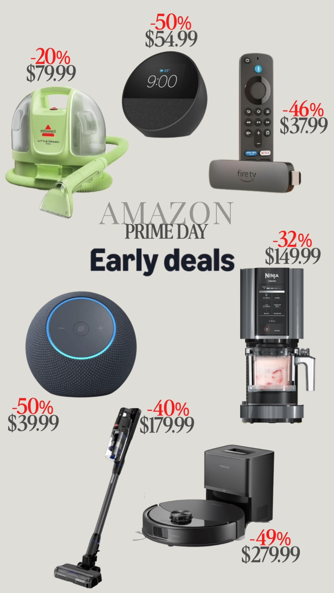 Amazon Prime Day early deals are already GOOD 👏🏻 Here are a few of the deals I’m watching:

• Bissell Little Green Pro — the ultimate little spot cleaner for couches, carpets, car seats + all those inevitable kid messes. 20% off — $79.99

• Echo Dot — perfect for the kitchen counter, bedside table or keeping up with timers, weather, calendars + more. 50% off — $54.99

• Fire TV Stick — an easy way to upgrade your TV and stream all your favorites. 46% off — $37.99

• Amazon Echo — compact but perfect for music, timers, reminders, smart-home control + more. 50% off — $39.99

• Ninja CREAMi — if you’ve been wanting one, this is the time! Make homemade ice cream, sorbet, protein treats + more. 32% off — $149.99

• Cordless vacuum — such a convenient everyday vacuum for quick cleanups without dragging out the big one. 40% off — $179.99

• Robot vacuum + mop — let the robot handle the daily crumbs, dust + floors while you do literally anything else. 49% off — $279.99

Prime deals, early deals, bissell little green mini carpet cleaner, home essentials,

#LTKSaleAlert #LTKHome #LTKmomlife