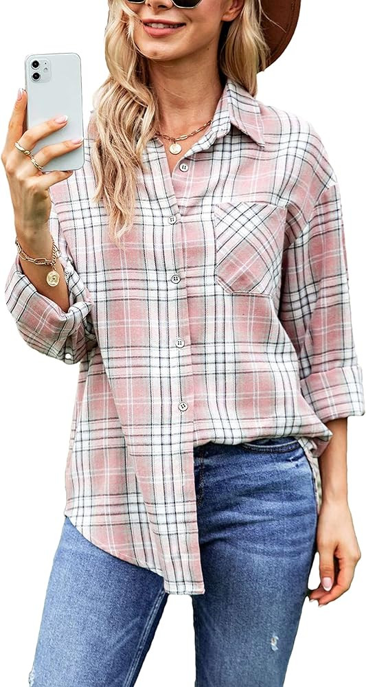 Lumister Oversized Flannel Shirt Women Long Sleeve Plaid Button Buffalo Shirt Blouse Tops with On... | Amazon (US)