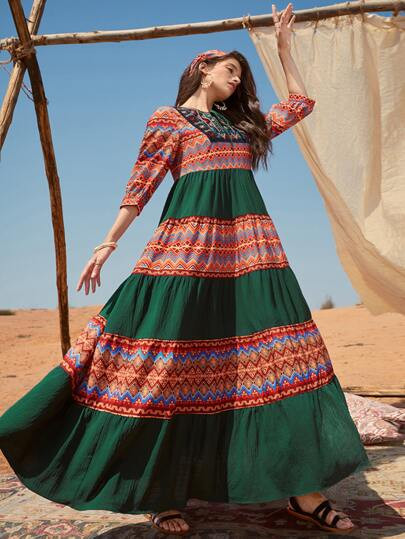 SHEIN Tie Neck Embroidered Yoke Ruffle Hem Geo Dress | SHEIN