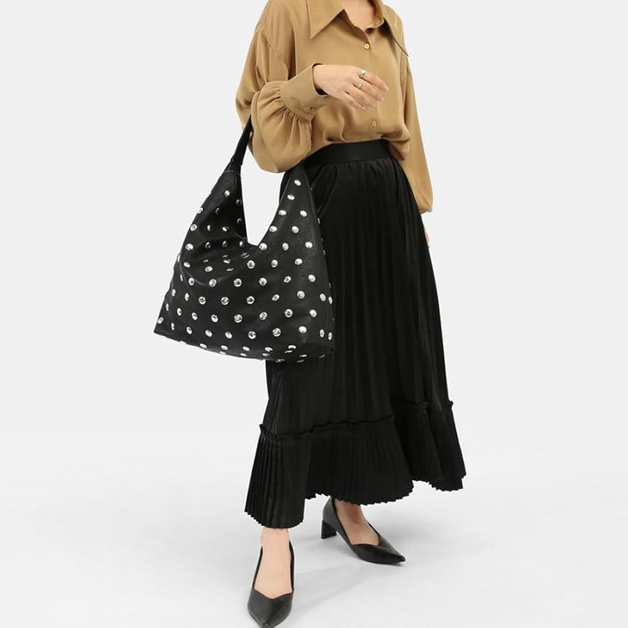 Studded Hobo Bags for Women Soft Vegan Leather Studded Shoulder Handbag Slouchy Tote Purses | Amazon (US)