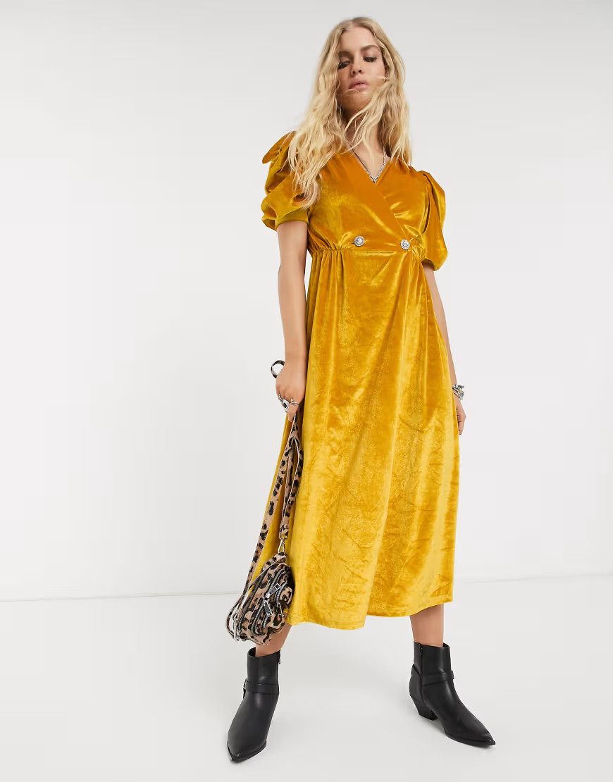 ASOS DESIGN velvet midi dress with puff sleeve and rhinestone button-Yellow | ASOS (Global)