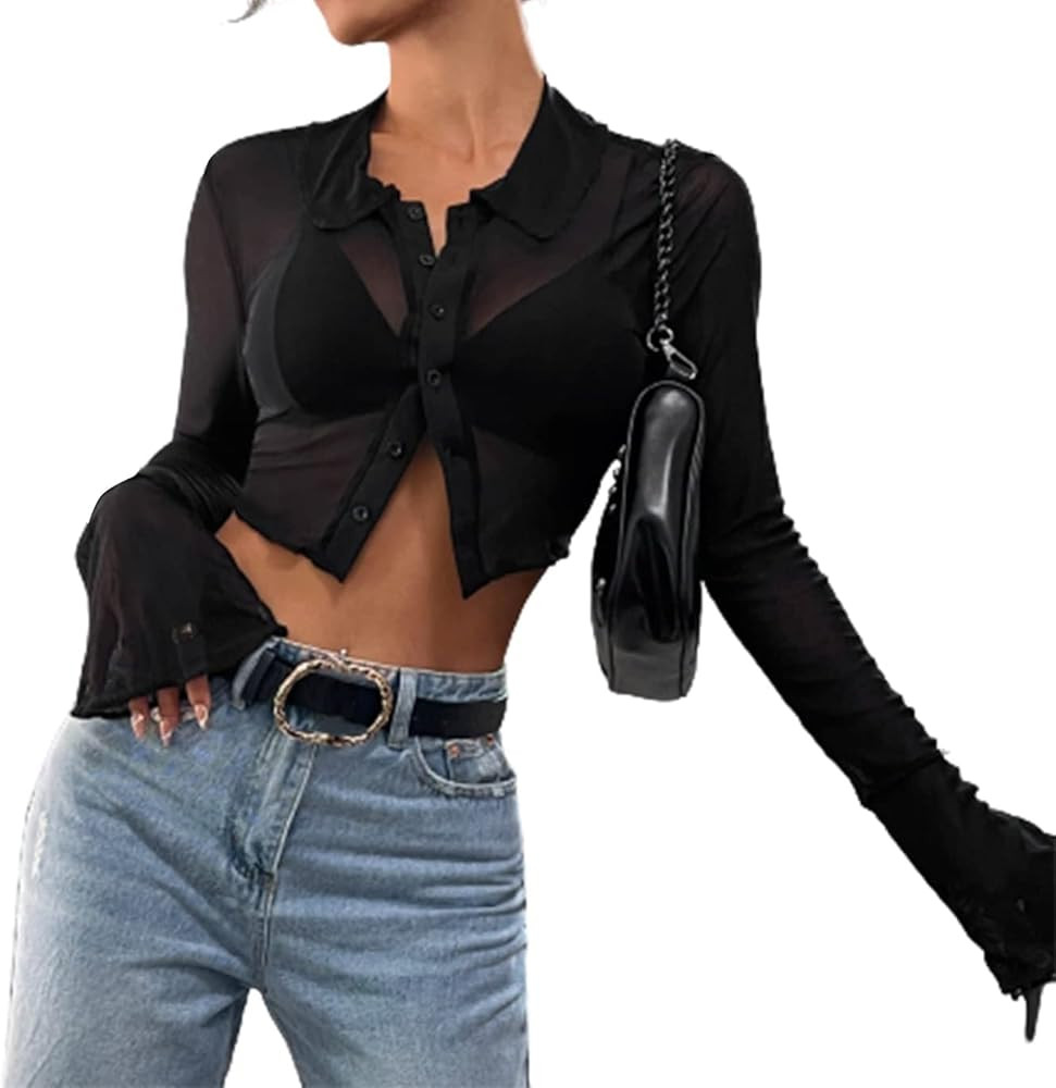 Avanova Women Sheer Mesh Button Down Crop Top Bell Sleeve Asymmetrical Hem Shirt | Amazon (US)