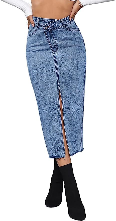SweatyRocks Women's Casual High Waist Denim Skirt Split Hem Raw Trim Midi Jean Skirts | Amazon (US)