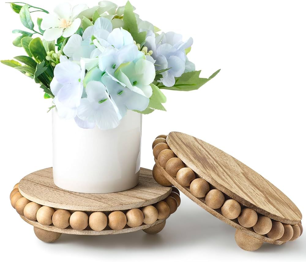 2 Pcs Beaded Wood Pedestal Stand Wooden Risers for Display Farmhouse Round Display Stands Decorat... | Amazon (US)