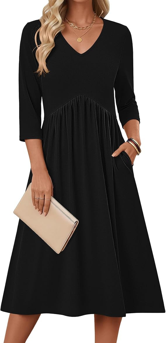 Zeagoo 3/4 Sleeve Women's Dress Casual Midi Tshirt Dresses with Pockets Empire Waist Summer Semi-... | Amazon (US)