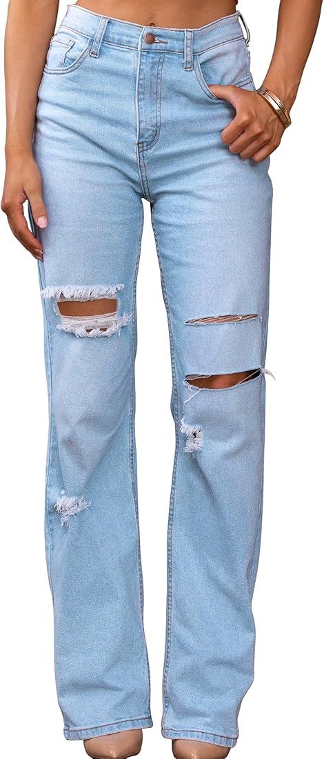 PLNOTME Women's High Waisted Jeans Casual Ripped Boyfriend Distressed Straight Leg Denim Pants | Amazon (US)