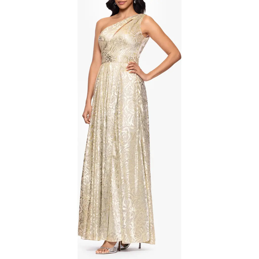 Betsy & Adam One-Shoulder Foil Flower Gown in Champagne/Gold at Nordstrom Rack, Size 8 | Nordstrom Rack