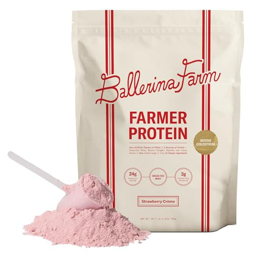 Ballerina Farm Grass Fed Whey Protein Powder Strawberry Crème, 24g Protein with Collagen Peptides, Bovine Colostrum, Hemp Hearts, Prebiotic Fiber, No Added Sugar or Artificial Ingredients, 20 Servings | Amazon (US)