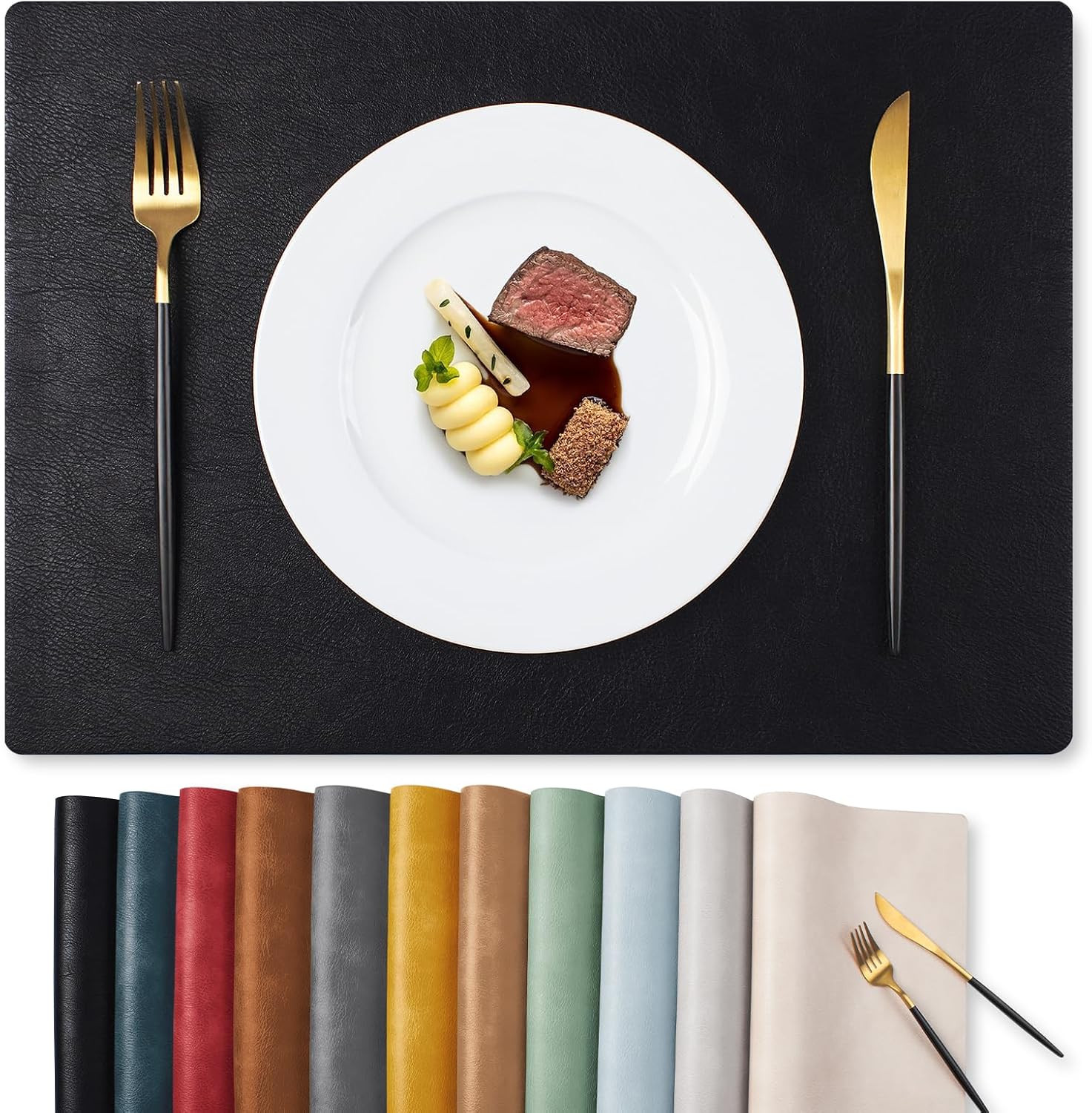 MOSAYT Vinyl Faux Leather Placemats, Set of 6, Black | Amazon (US)