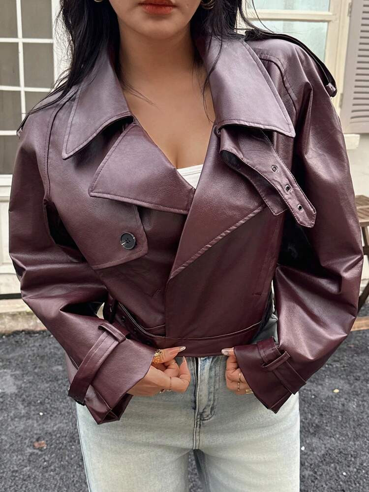 DEEKA Autumn/Winter New Women's Casual Fashion Oversized Shoulder Motorcycle Short Leather Jacket | SHEIN