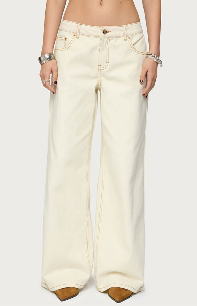 Edikted Women's Contrast Stitch Low Rise Wide Leg Jeans in Cream - Size Medium | PacSun
