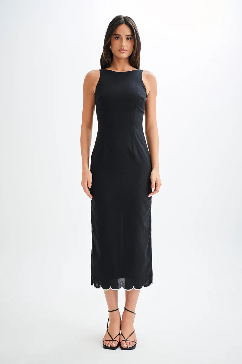 Sofiane Scalloped Linen Midi Dress - Black | MESHKI US