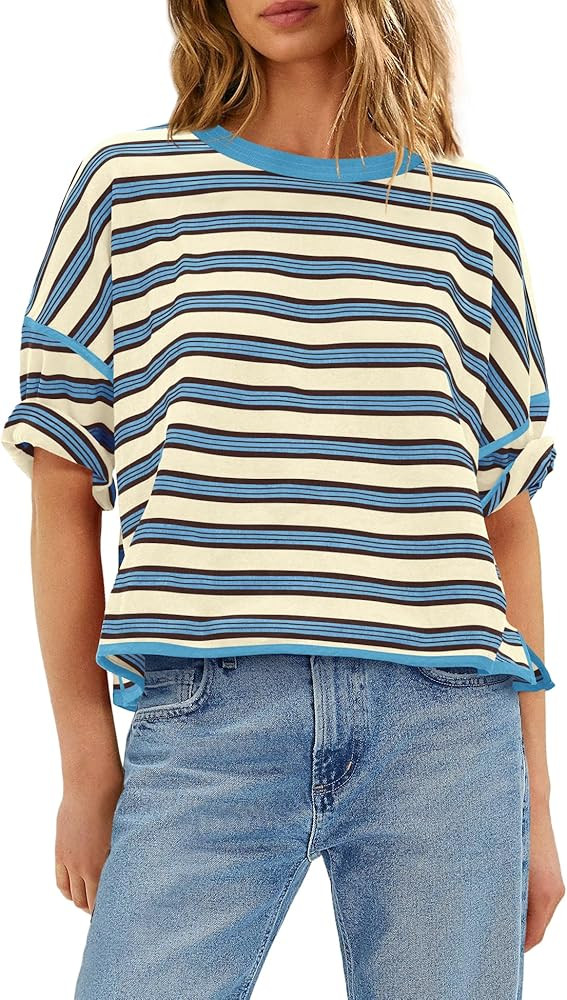 Yanekop Womens Oversized Shirts Striped Half Sleeve Tops Casual Summer Crew Neck T Shirts Basic T... | Amazon (US)