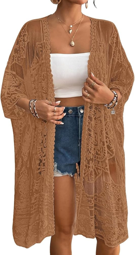 Bsubseach Lace Kimonos for Women 2025 Swim Cover Up Summer Beach Coverup Open Front Sheer Kimono ... | Amazon (US)