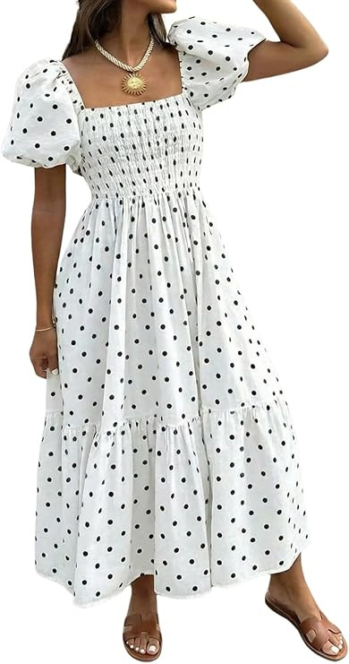 Floerns Women's Gingham Plaid Short Puff Sleeve Dress Square Neck Ruffle Summer Maxi Dresses | Amazon (US)