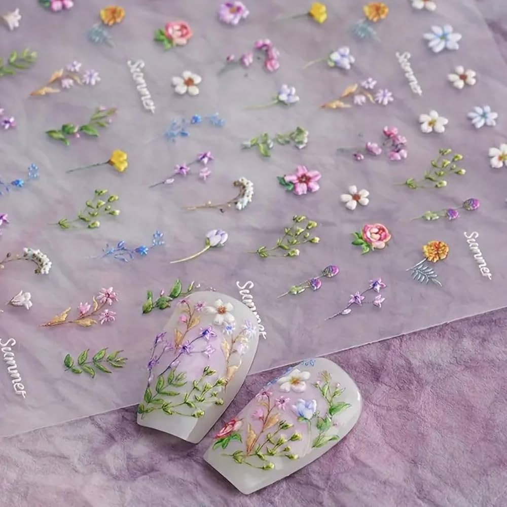 Flower Nail Stickers for Nail Art - Flower Nail Art Stickers Summer Floral Leaf Plant 5D Embossed... | Amazon (US)