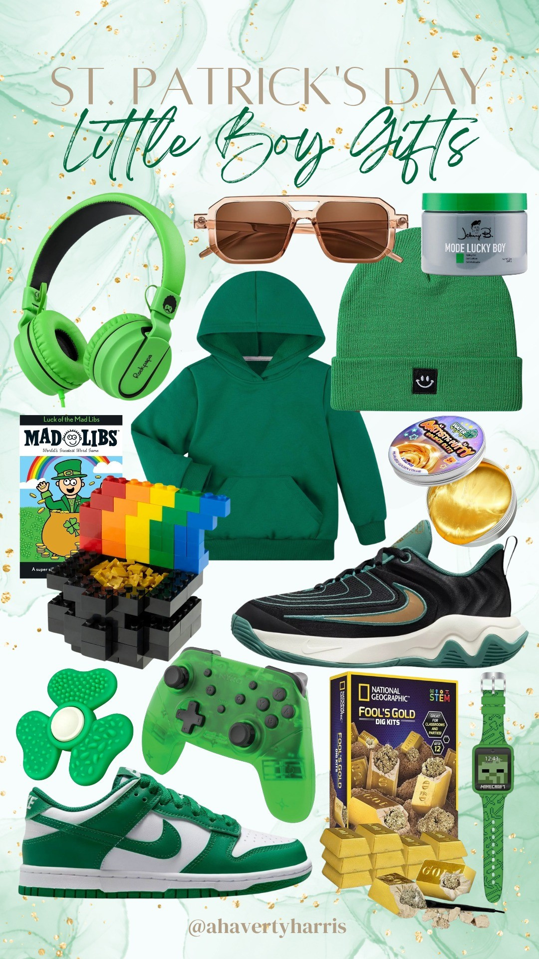 St. Patrick's Day Little boy gift ideas! Put together a St. Patty's basket for your little boy with the cutest Kelly green collection of boy's accessories, kids headphones, boy sunglasses, boy's hat, boy's sneakers, lego,  madlibs, basket stuffers, boy gift guide

#LTKKids #LTKFamily