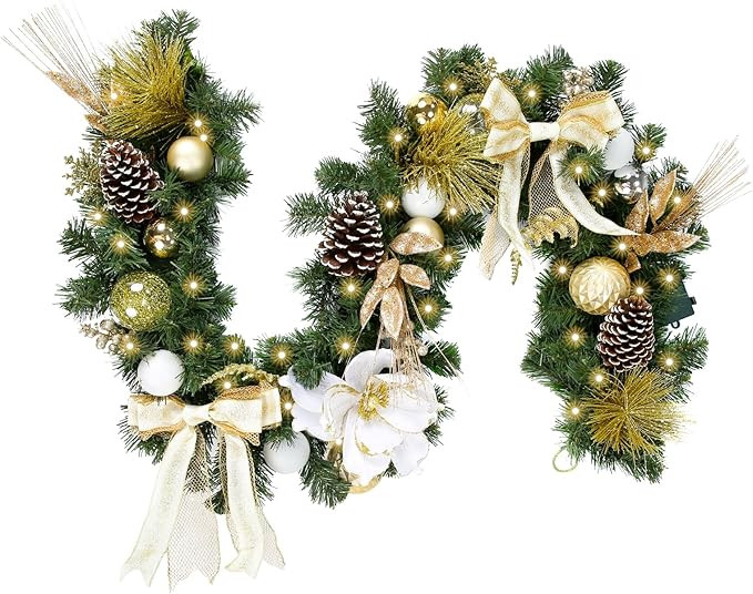 WBHome Pre-lit 6 Feet/72 Inch Christmas Garland, White & Gold Lighted Garland with 35 LED Lights ... | Amazon (US)