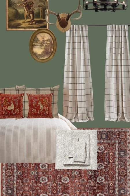 Vintage bedroom. 
Fandelier | tapestry pillows | vintage art | vintage rug | stripe bedding | plaid curtains 

#LTKfamily #LTKhome #LTKfindsunder100