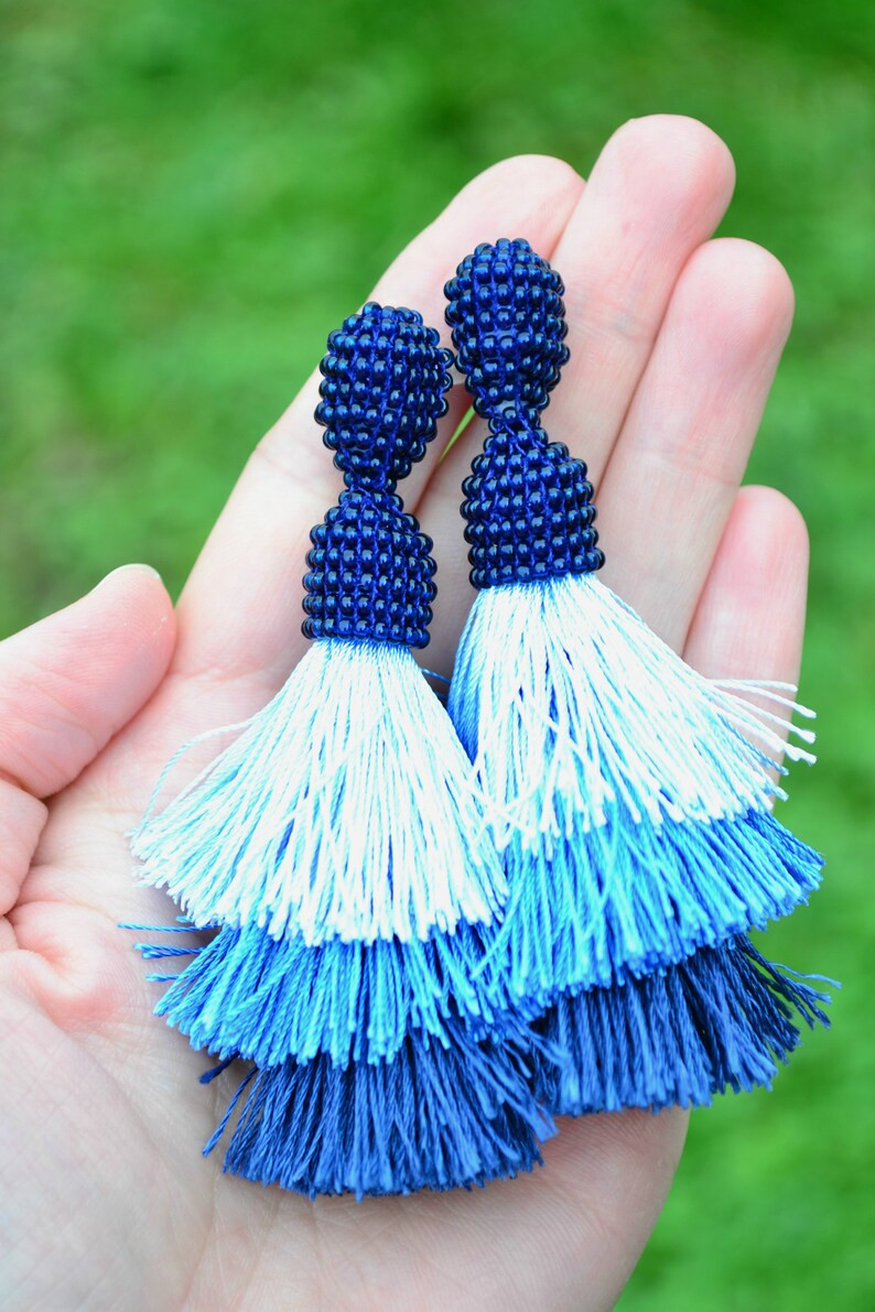 Blue ombre tiered silk tassel beaded earrings Three layer navy royal blue statement earrings Osca... | Etsy (US)