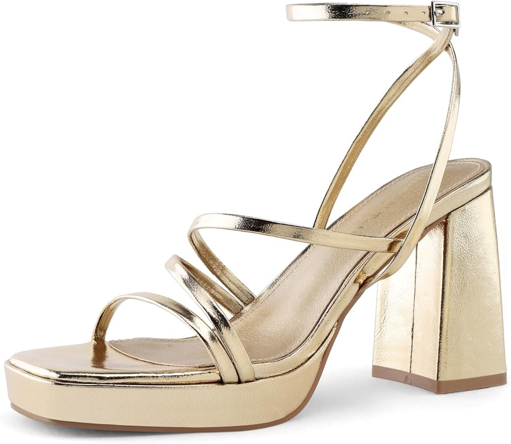 Shoe'N Tale Platform Heels for Women Strappy Block Chunky Heels Square Toe Ankle Buckle Sandals | Amazon (US)