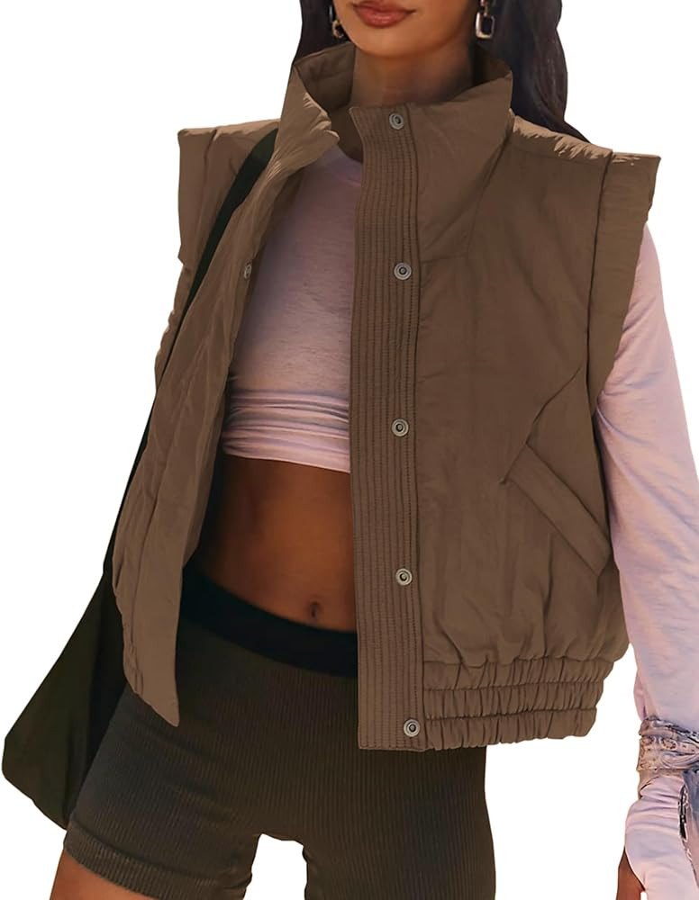 Women's Lightweight Puffer Vest Button Down Crop Quilted Vest Coat Stand Collar Sleeveless Padded... | Amazon (US)